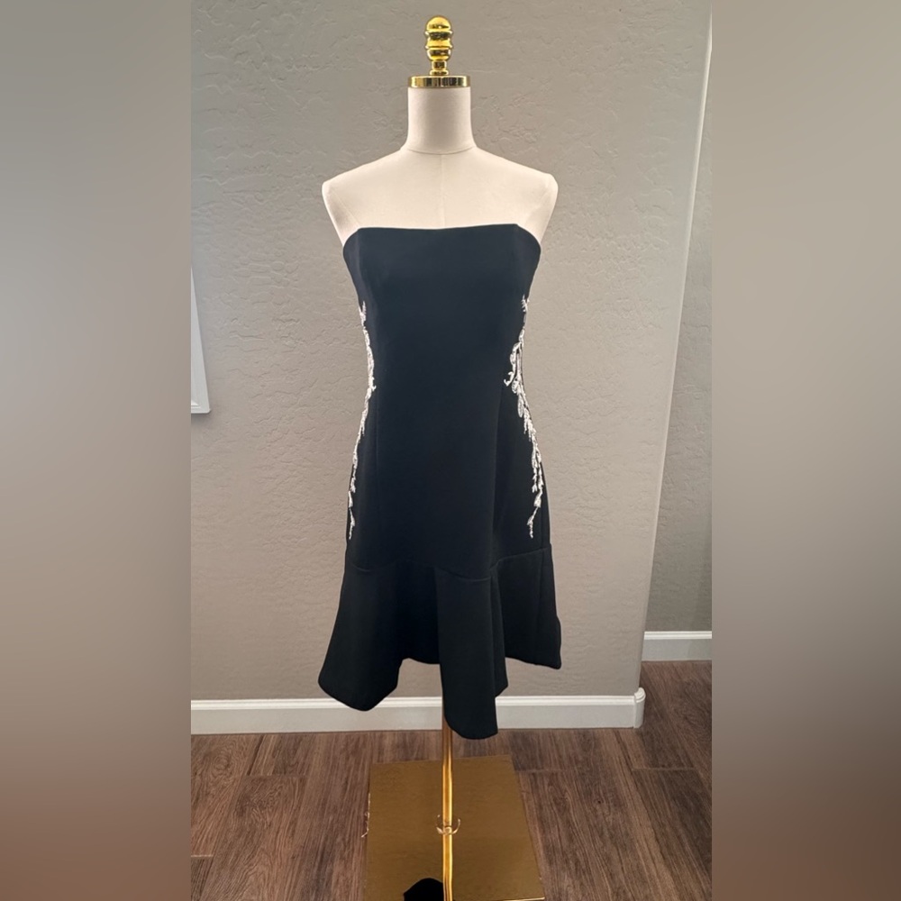 White House Black Market Strapless Black Dress with White Embroidery